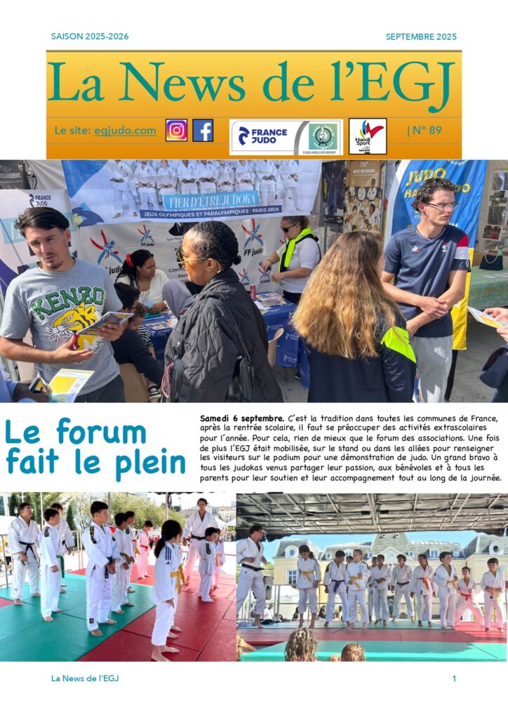Première page de la newsletter EGJ – septembre 2025 : stand de l’EGJ au forum des associations avec bénévoles et visiteurs, et démonstration de judo en extérieur par des enfants en kimono